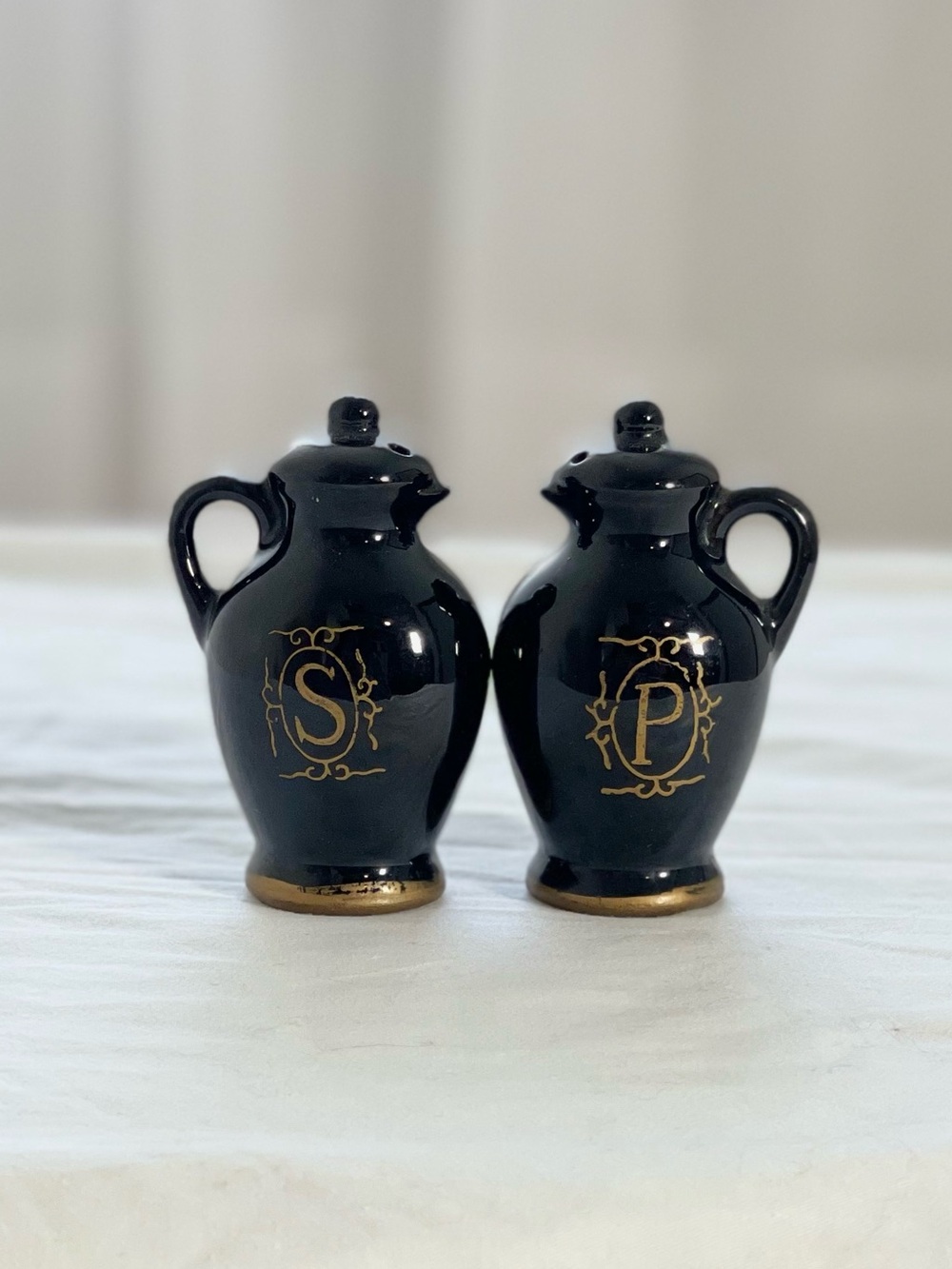 Vintage Black Ceramic Salt & Pepper Cruet Set with Gold Accents